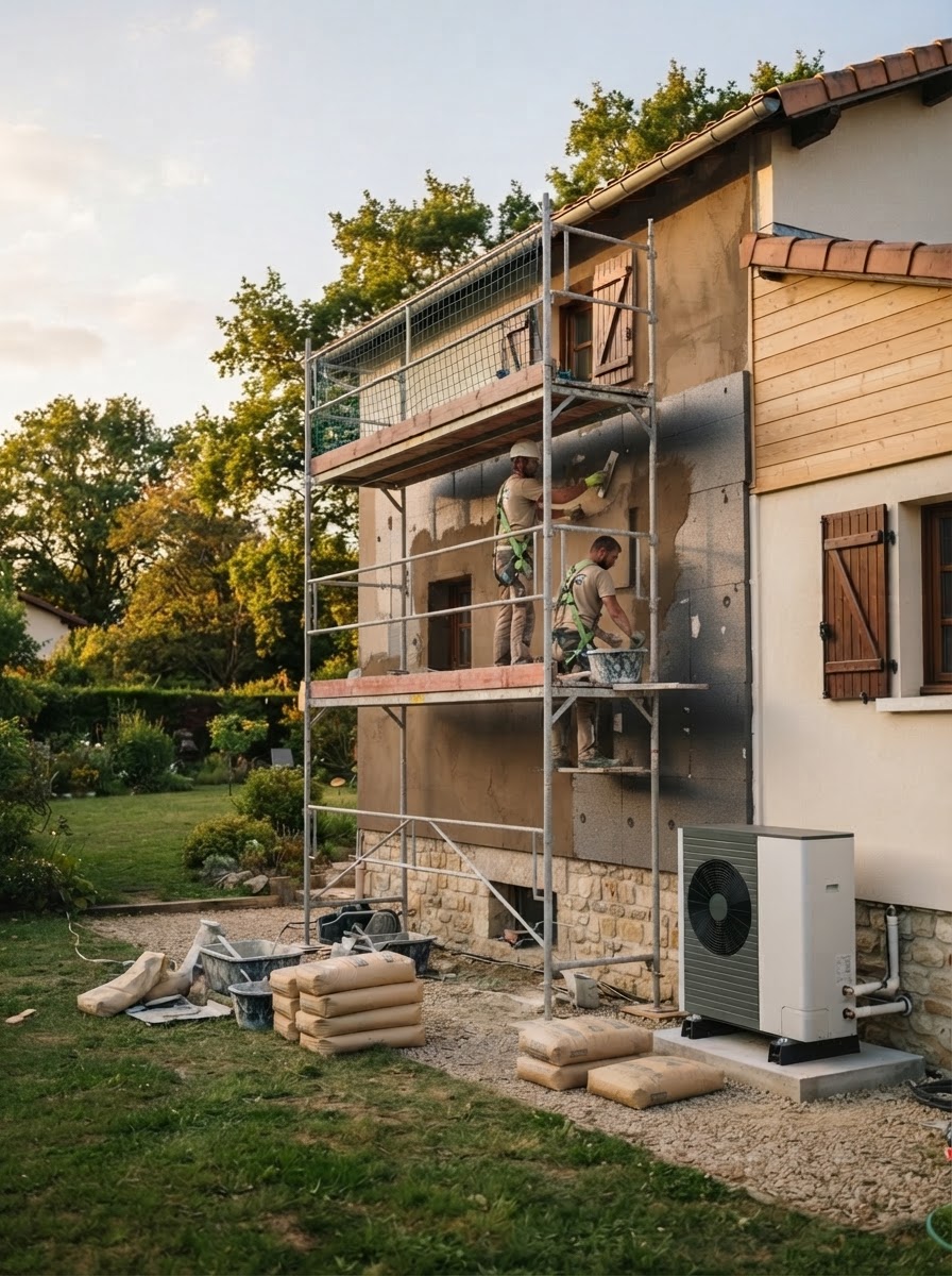 Illustration d'un chantier d'isolation par l'extérieur avec pose de pompe à chaleur
